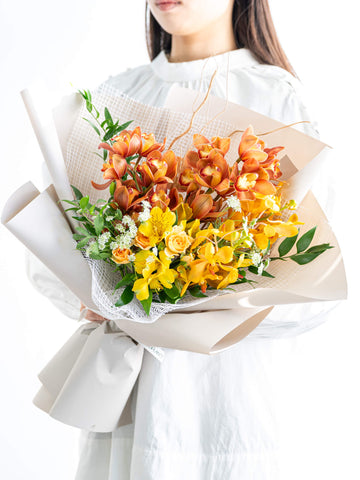 【1月の誕生花】シンビジュームの花束L - オレンジ -