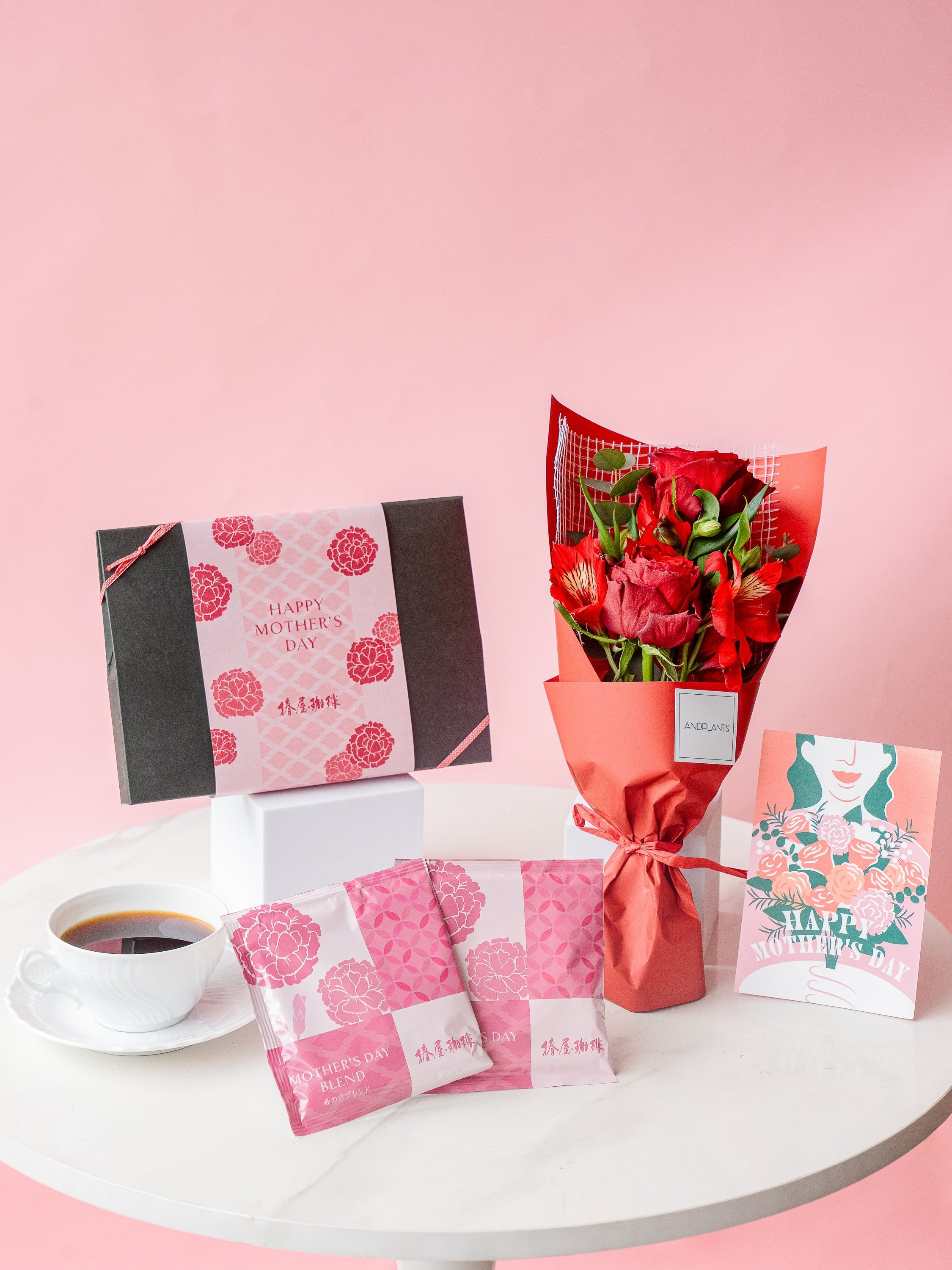 【母の日】椿屋珈琲「ドリップパック（6パック）」とバラの2輪ブーケのセット